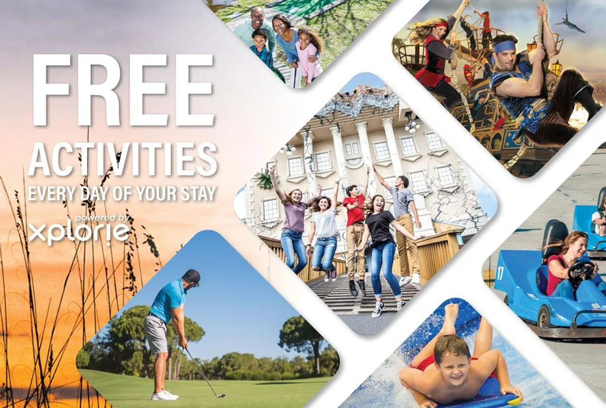 A lively scene featuring families enjoying a variety of activities, including amusement park rides, golfing, and water sports. Children are seen playing, and the atmosphere is dynamic and full of playful energy.